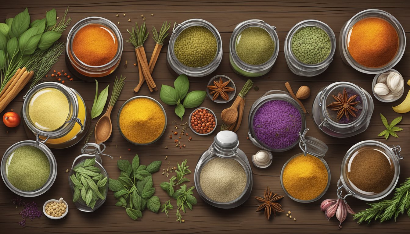 A variety of colorful spices and herbs scattered around a collection of pickling jars and ingredients on a rustic wooden table