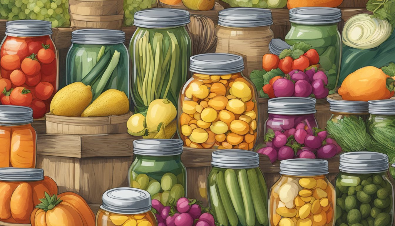 A table filled with colorful jars of freshly canned fruits and vegetables, surrounded by baskets of produce and a sign reading "Canning for Charity: Sharing the Bounty."