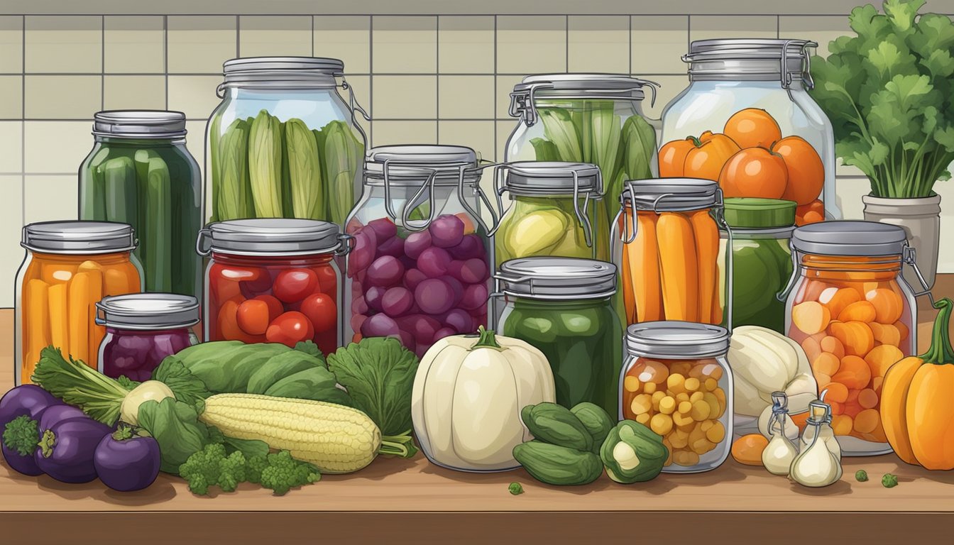 A kitchen counter with a pressure canner, jars, and various vegetables and fruits laid out for canning