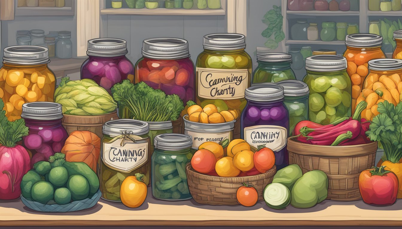 A table filled with colorful jars of canned fruits and vegetables, surrounded by baskets of fresh produce and a sign reading "Canning for Charity."