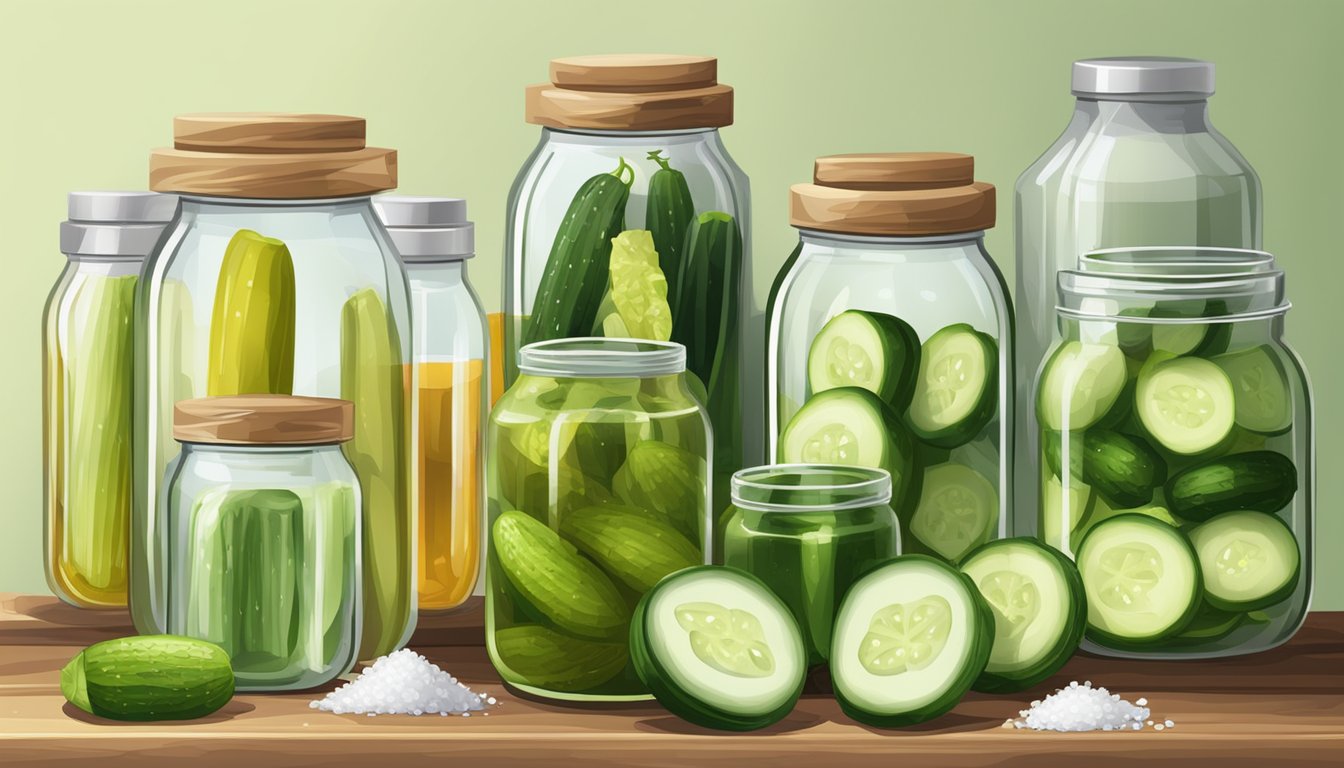 A table with various glass jars, vinegar, salt, and fresh cucumbers arranged for pickling