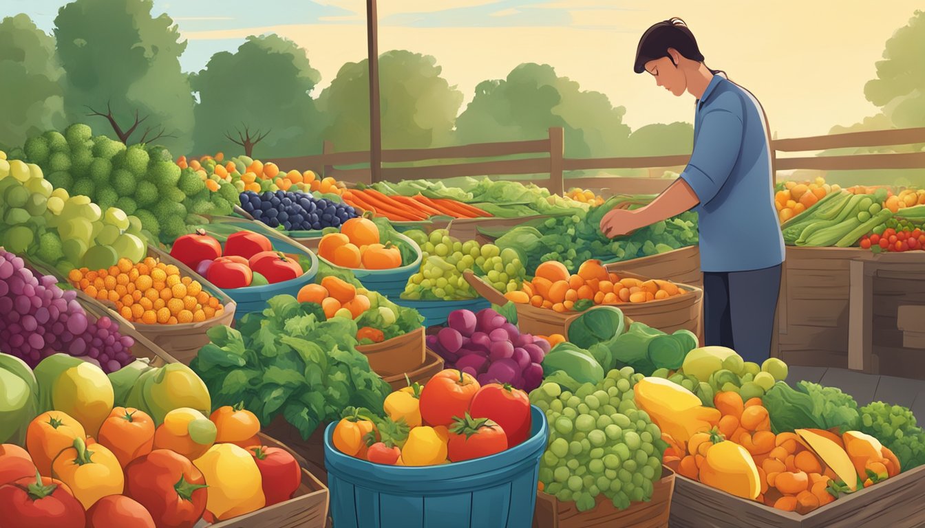 A person selecting ripe fruits and vegetables, placing them into a basket for canning. The scene is filled with an abundance of colorful produce