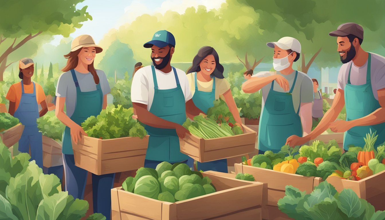 A group of volunteers gathers in a community garden, picking fresh fruits and vegetables to fill baskets for a local charity