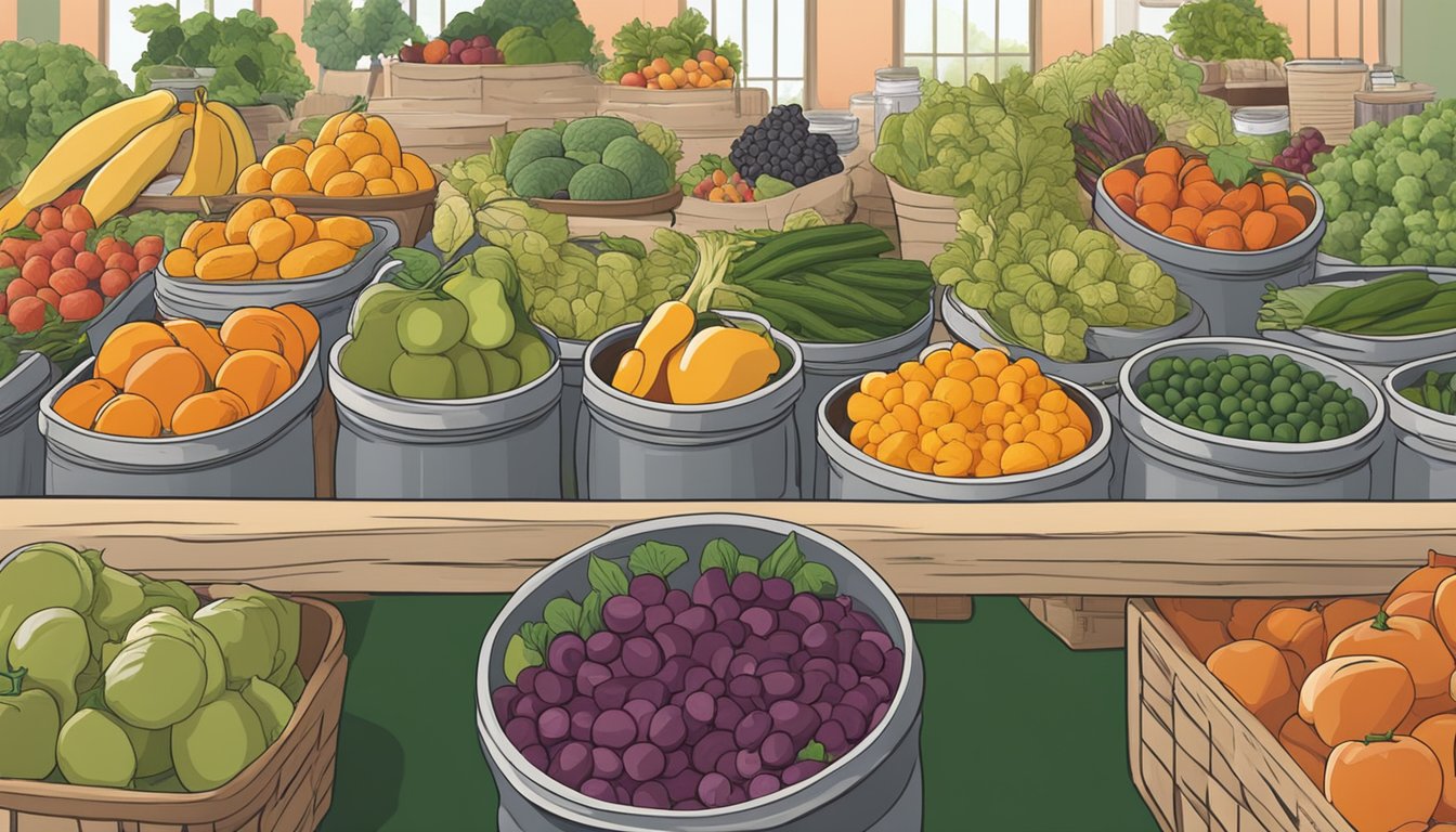 A table filled with jars of preserved fruits and vegetables, surrounded by baskets of fresh produce. A group of volunteers working together to can food for charity