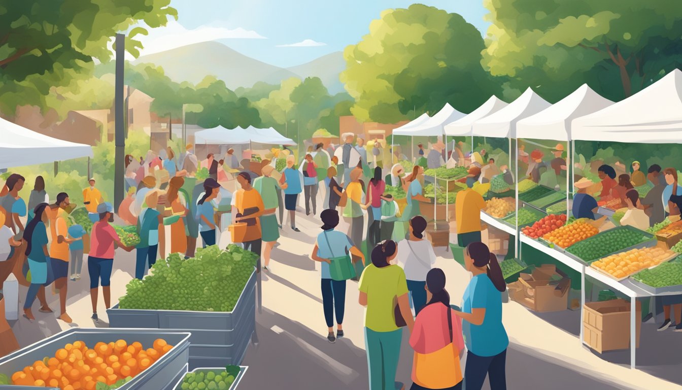 A bustling food canning event with volunteers, fresh produce, and donation bins, surrounded by lush greenery and happy community members