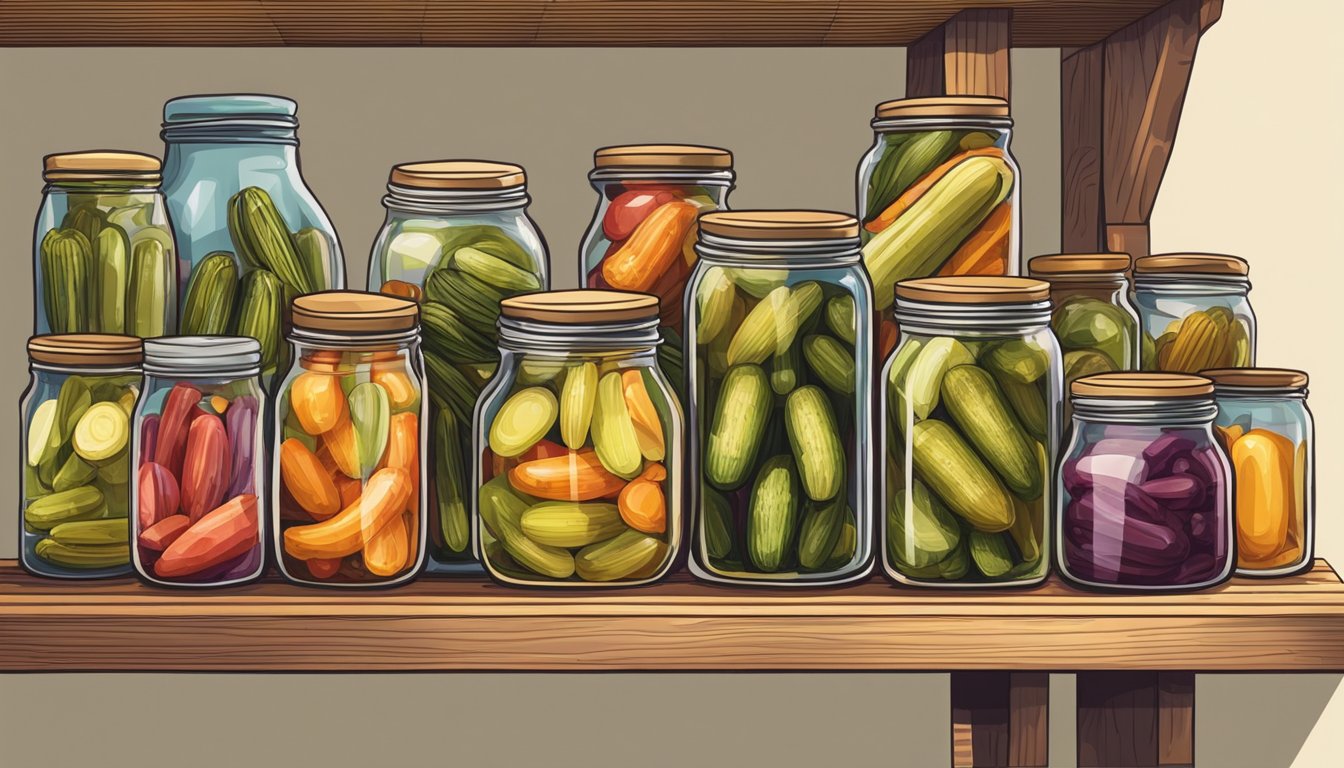 A hand reaching for a glass jar filled with colorful pickles, lined up on a wooden shelf with various sizes and shapes of jars