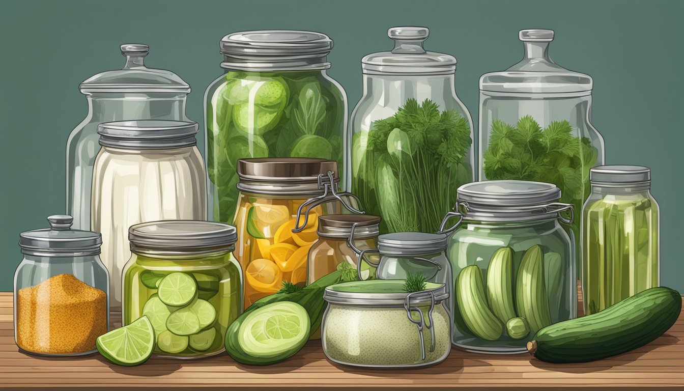 A variety of glass jars and containers sit on a wooden table, alongside fresh cucumbers, dill, and spices. A pot of brine simmers on the stove