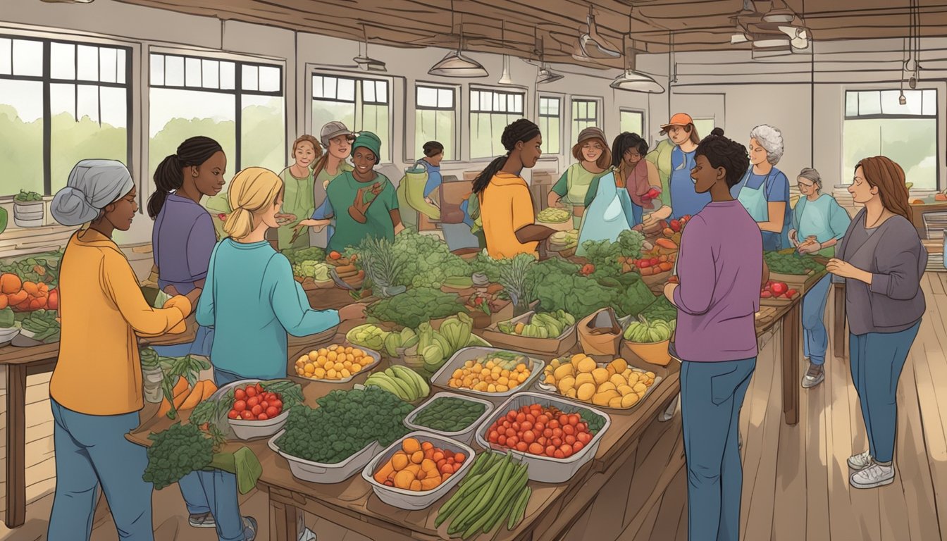 A group of volunteers gather around a table filled with fresh produce, jars, and canning equipment. They work together to prepare and preserve the food for a charity event