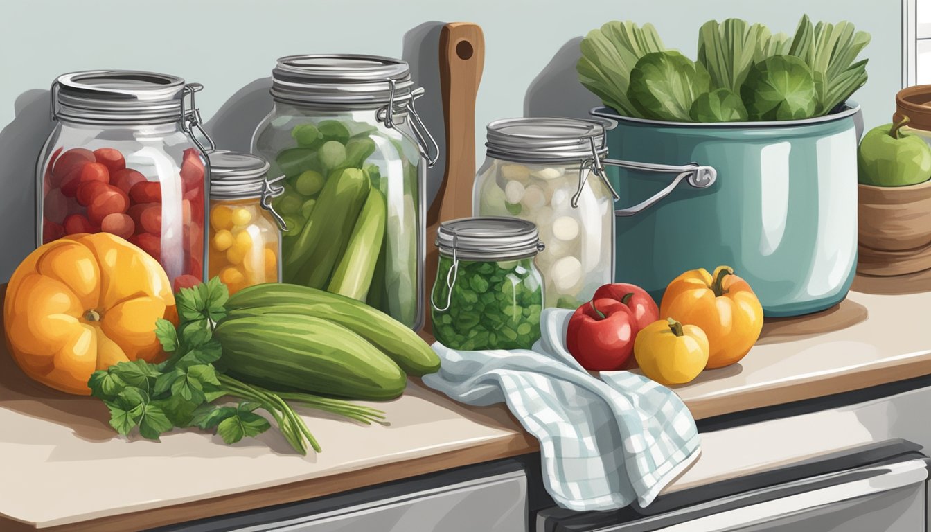 A kitchen counter with fresh produce, glass jars, and a canning pot on a stove, surrounded by reusable cloth towels and eco-friendly canning tools