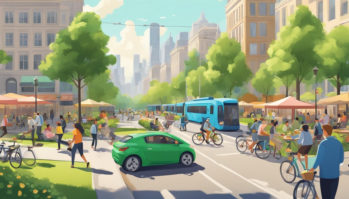 A bustling city street with a mix of electric cars, bicycles, and pedestrians. A lush green park with people picnicking and using public transportation