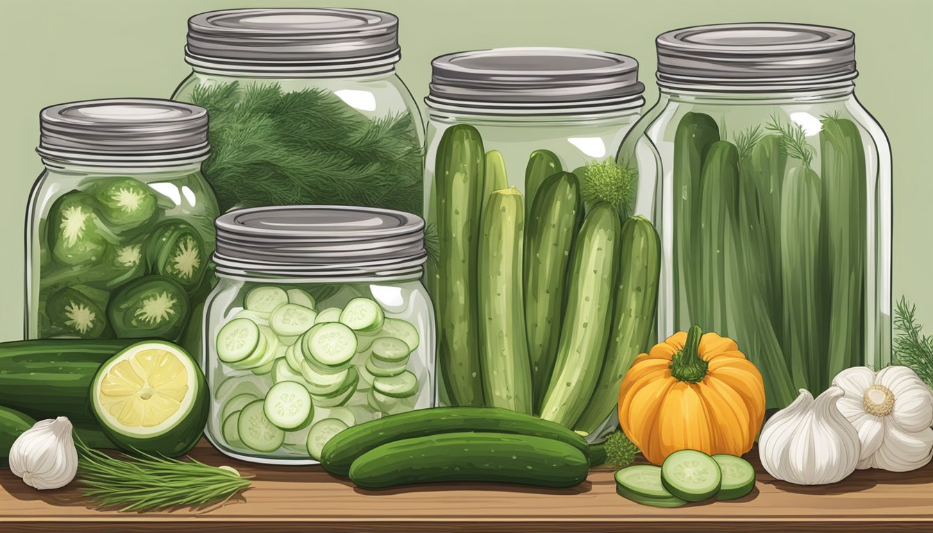 A clean, spacious kitchen counter with various sizes of glass jars, fresh cucumbers, dill, garlic, and other pickling ingredients neatly arranged