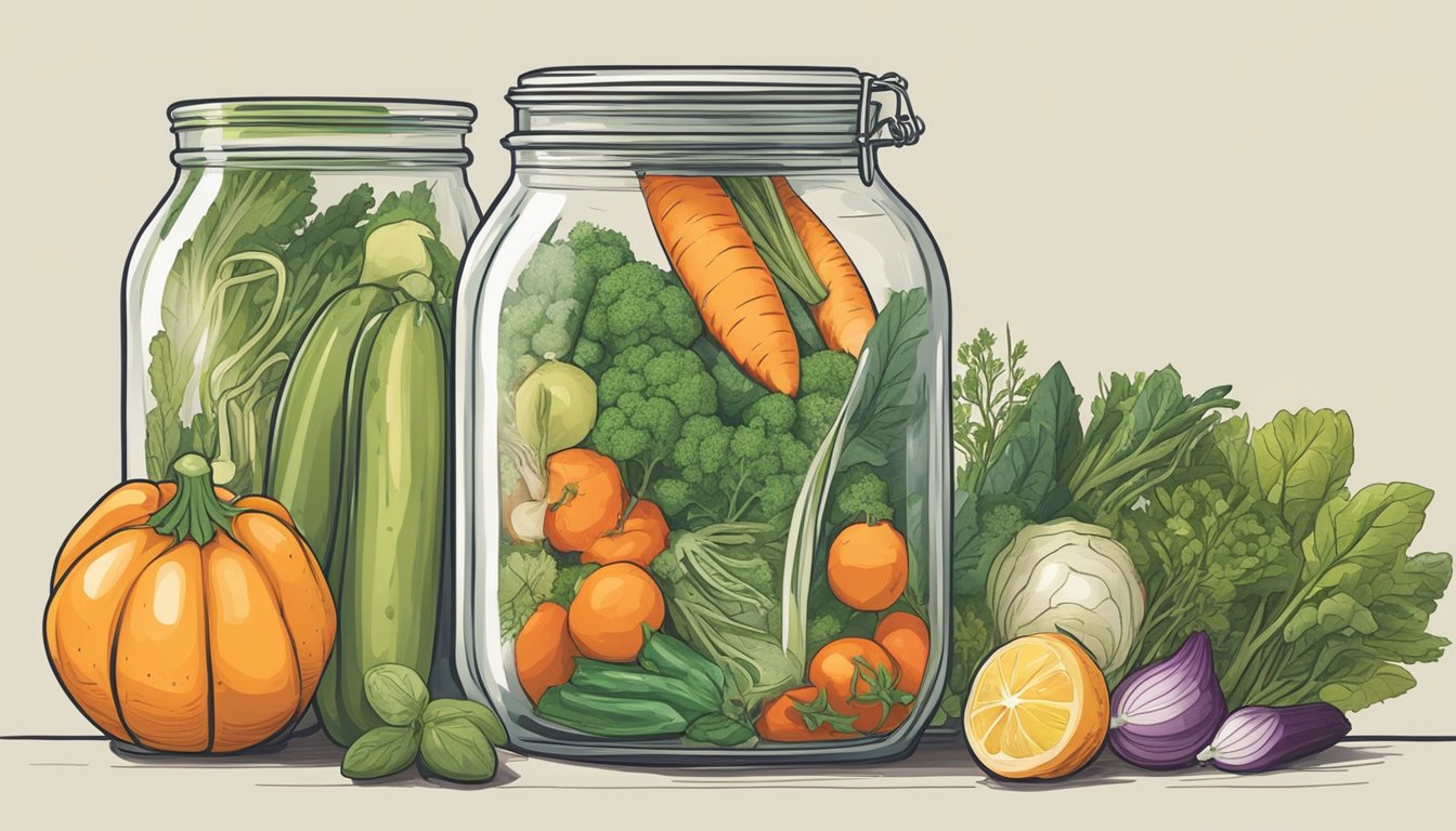 A hand reaching for a glass jar with a secure lid, surrounded by various vegetables and herbs for pickling