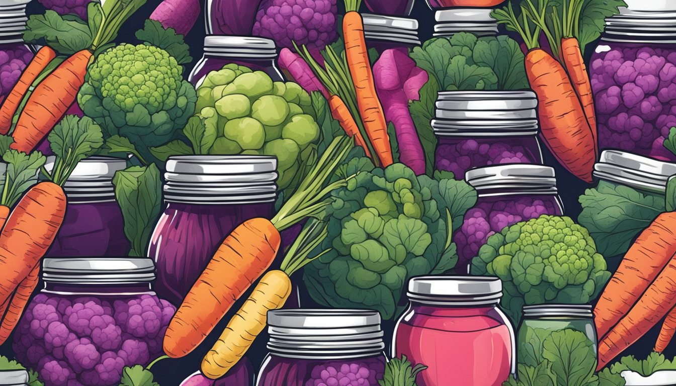 A variety of uncommon vegetables, such as purple cauliflower, rainbow carrots, and watermelon radishes, are being carefully placed into glass canning jars by a pair of gloved hands