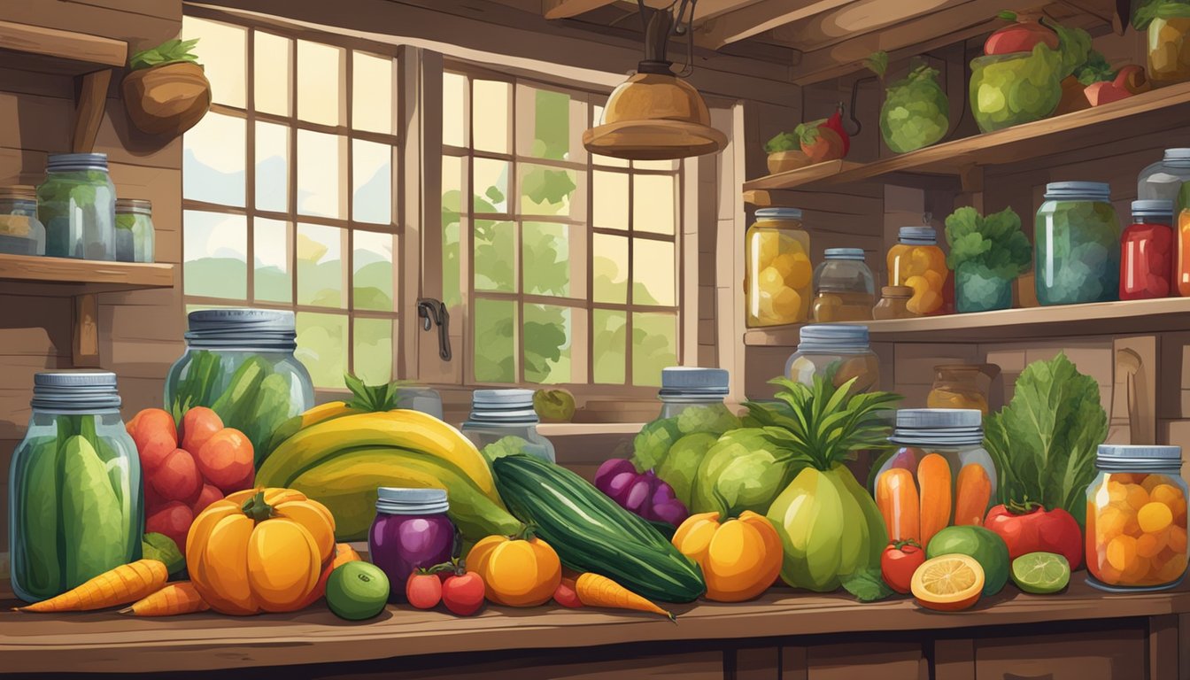 A colorful array of exotic fruits and vegetables arranged in a rustic kitchen setting, surrounded by canning jars and equipment