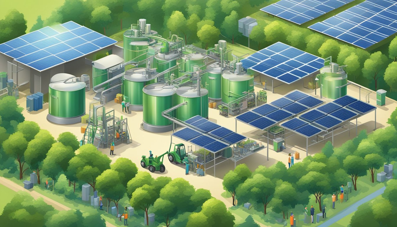 A bustling canning factory surrounded by lush greenery and solar panels, with workers using energy-efficient machinery and recycling materials