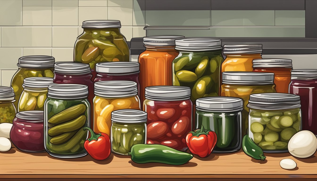 A kitchen counter filled with jars of canned pickles, salsa, and jam alongside unique items like pickled eggs, hot peppers, and homemade BBQ sauce