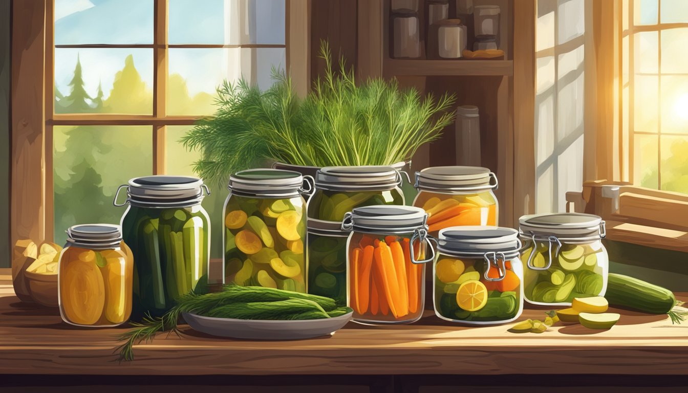 A rustic kitchen with jars of colorful homemade pickles, fresh dill, and assorted vegetables laid out on a wooden table. Sunlight streams through the window, casting a warm glow on the scene