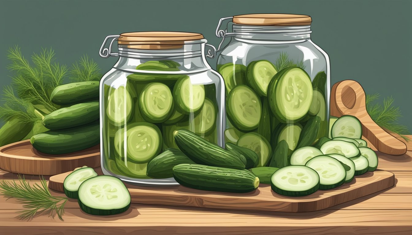 A jar of homemade pickles surrounded by fresh cucumbers, dill, garlic, and vinegar on a wooden cutting board