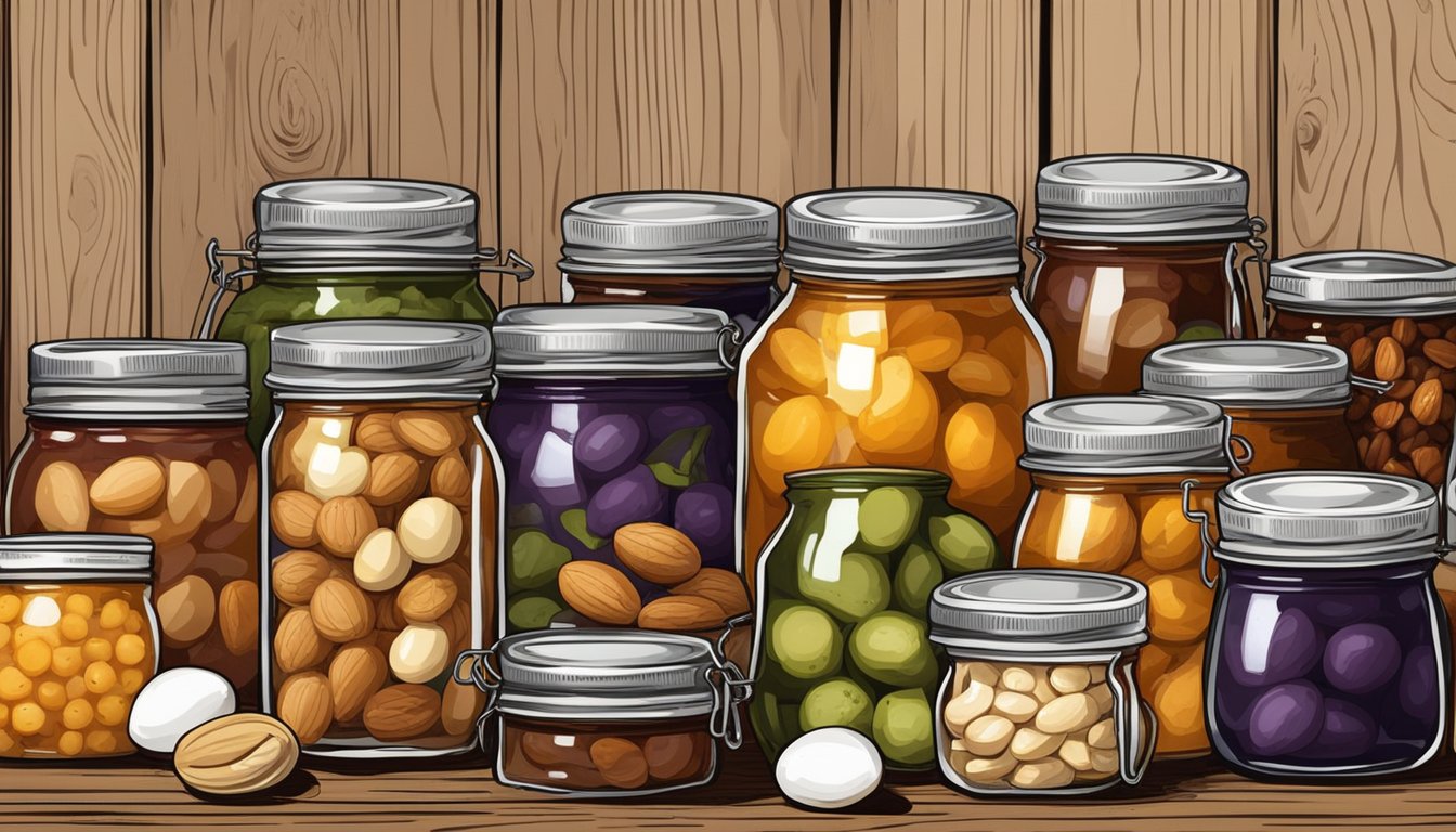 A colorful array of unique items, such as pickled eggs, spiced nuts, and savory jams, arranged on a rustic wooden table with canning jars and labels