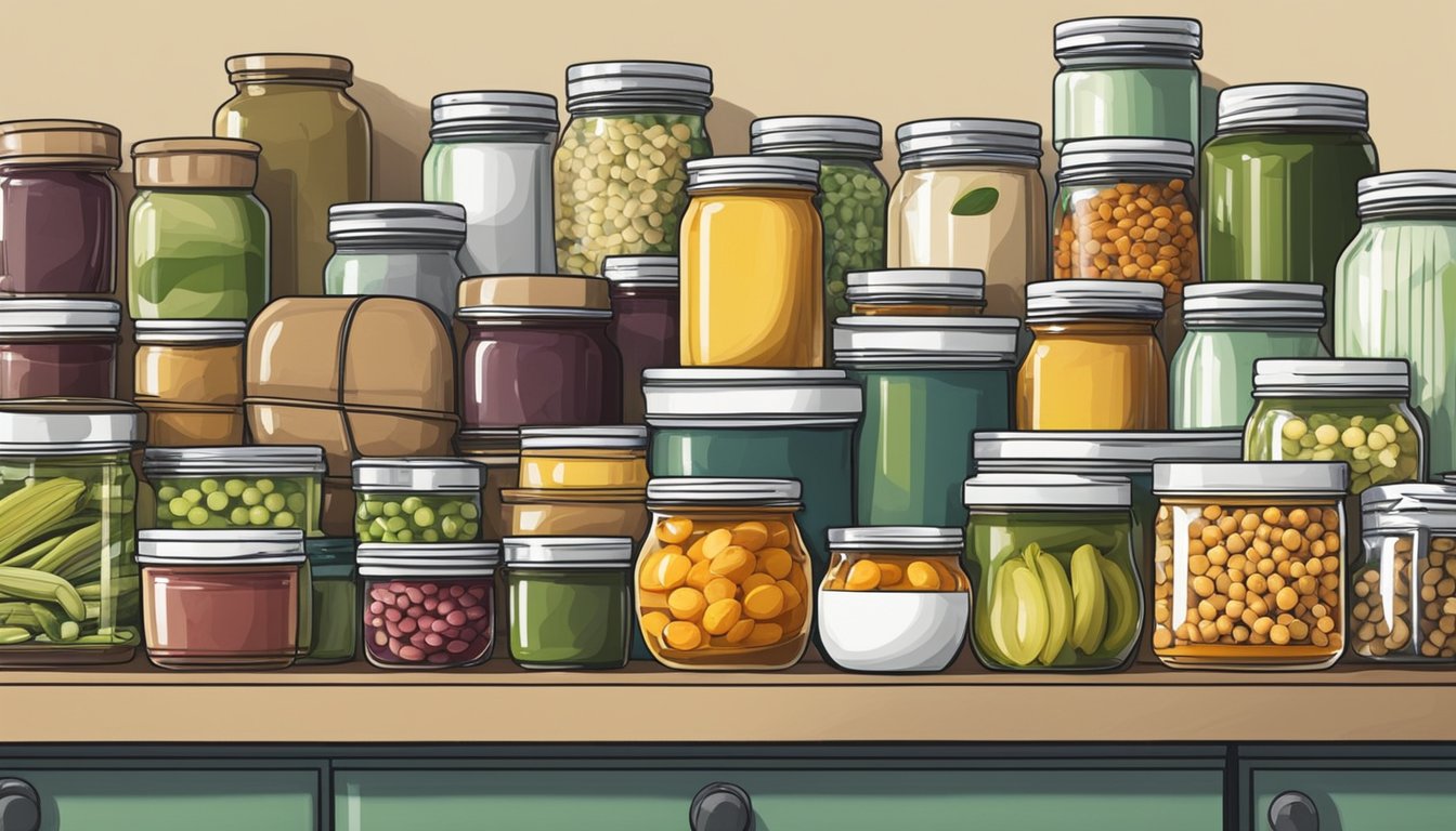 A kitchen counter with an array of canned goods, including pickled eggs, homemade jams, and canned fish, surrounded by jars, pots, and utensils