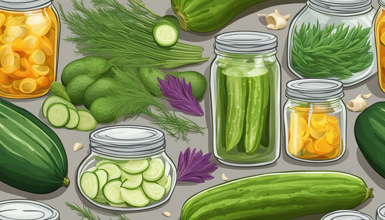 A colorful array of fresh cucumbers, dill, garlic, and jars of brine, surrounded by vibrant herbs and spices