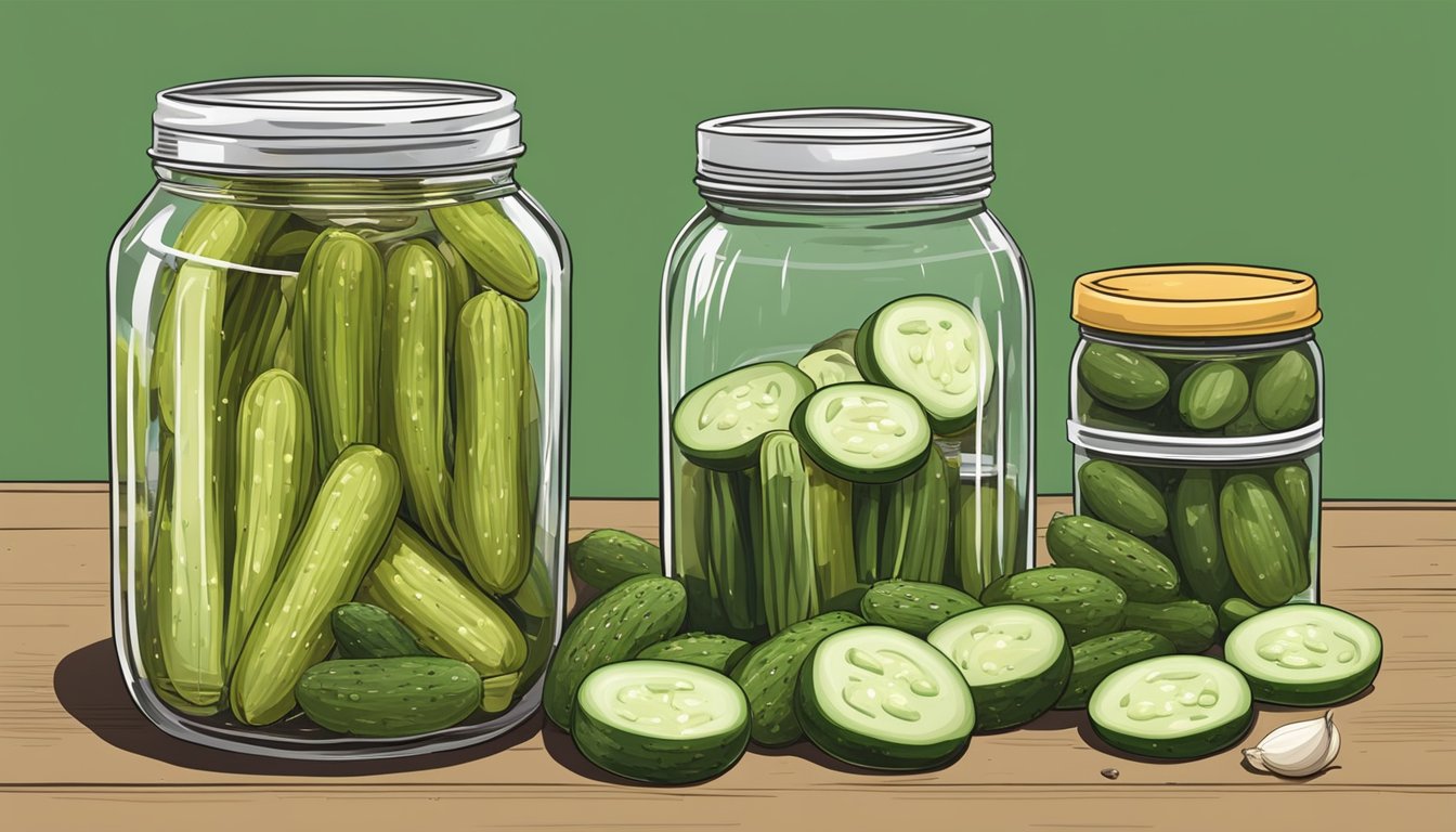 A jar of homemade pickles sits next to a jar of store-bought pickles. The homemade pickles are surrounded by fresh cucumbers, dill, and garlic, while the store-bought pickles are surrounded by preservatives and artificial ingredients