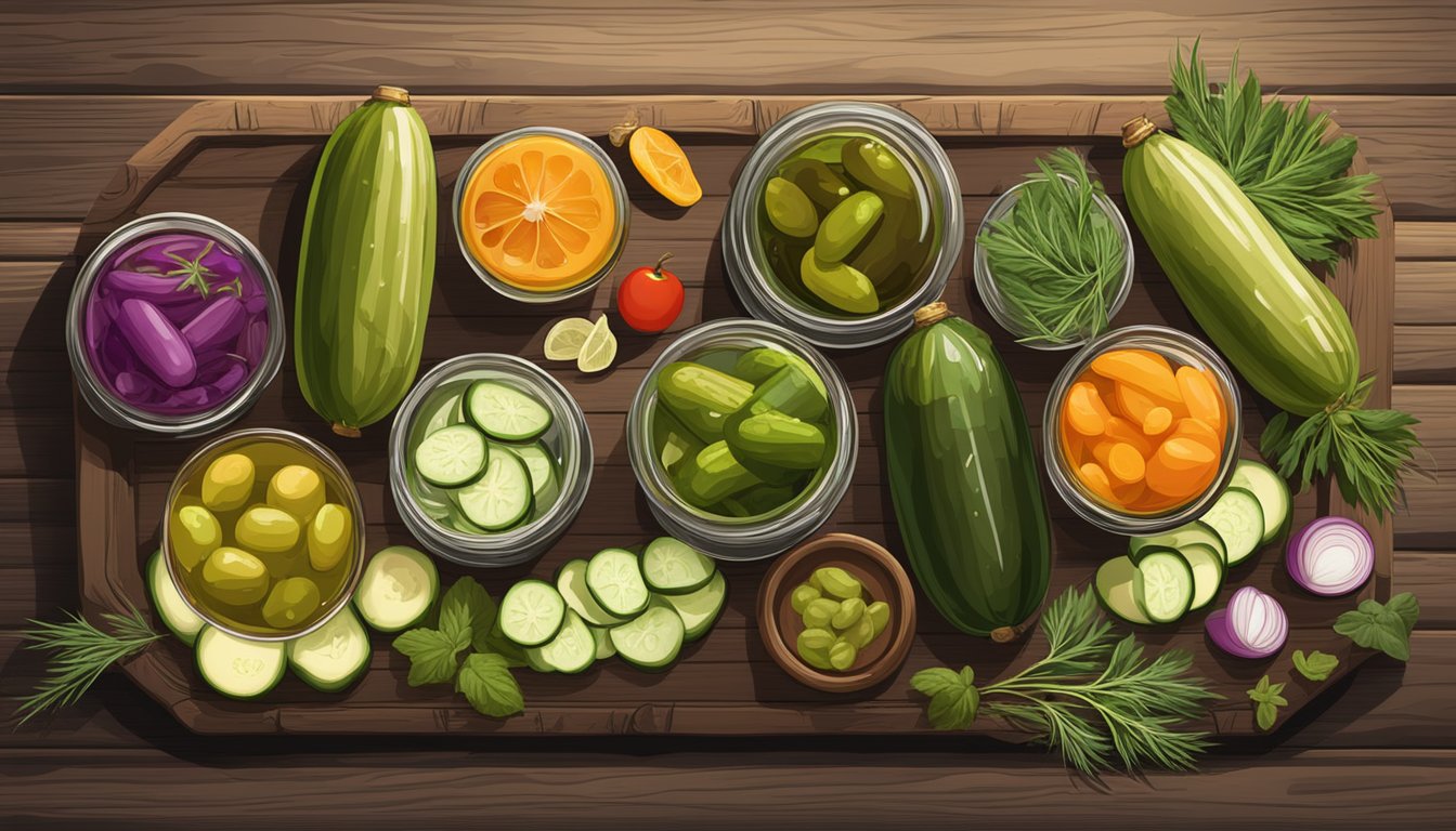 A colorful array of pickles from various cultures displayed on a rustic wooden table, surrounded by fresh herbs and ingredients