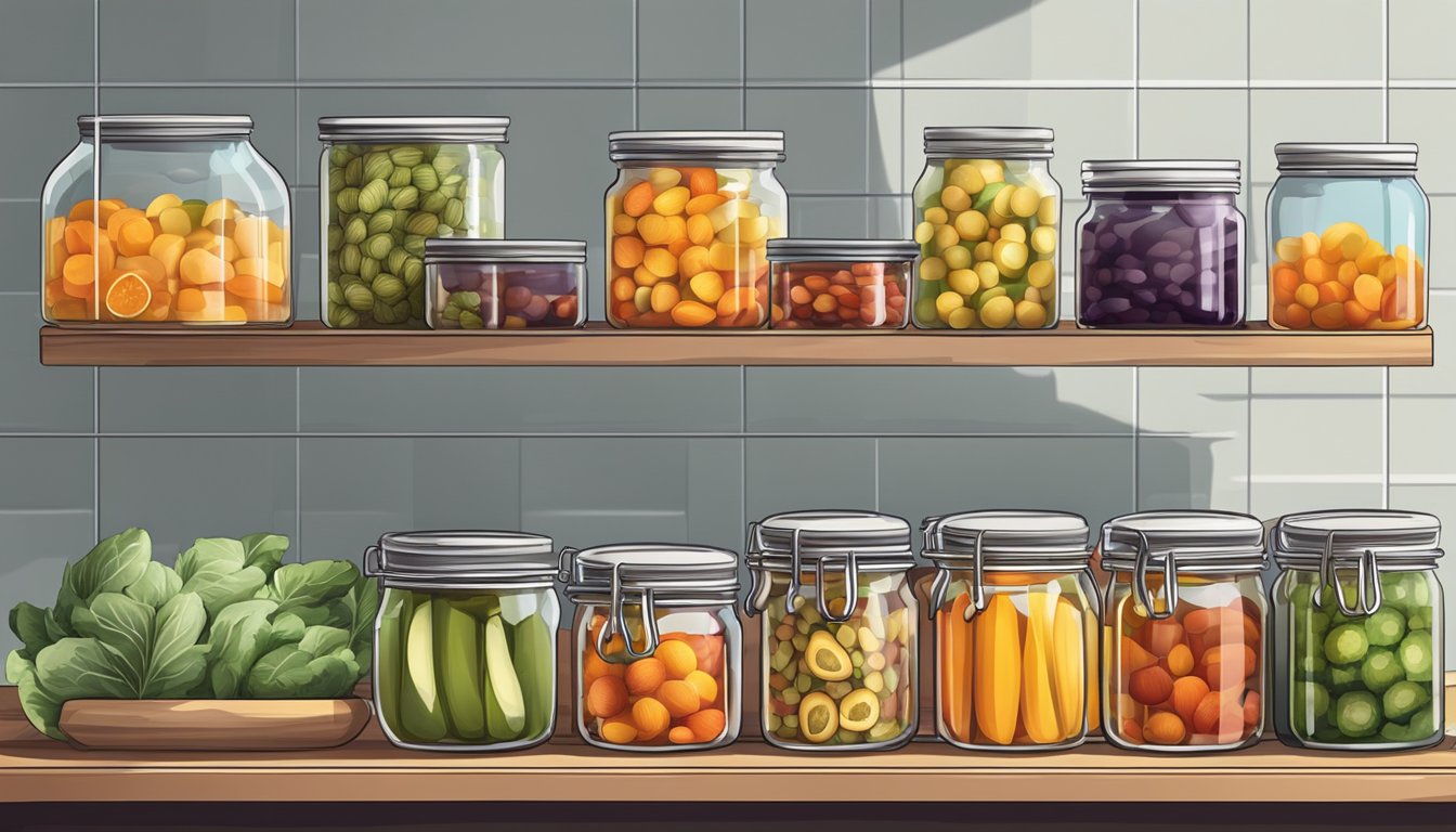 A modern kitchen with shelves of colorful jars filled with preserved fruits and vegetables, alongside canning equipment and recipe books