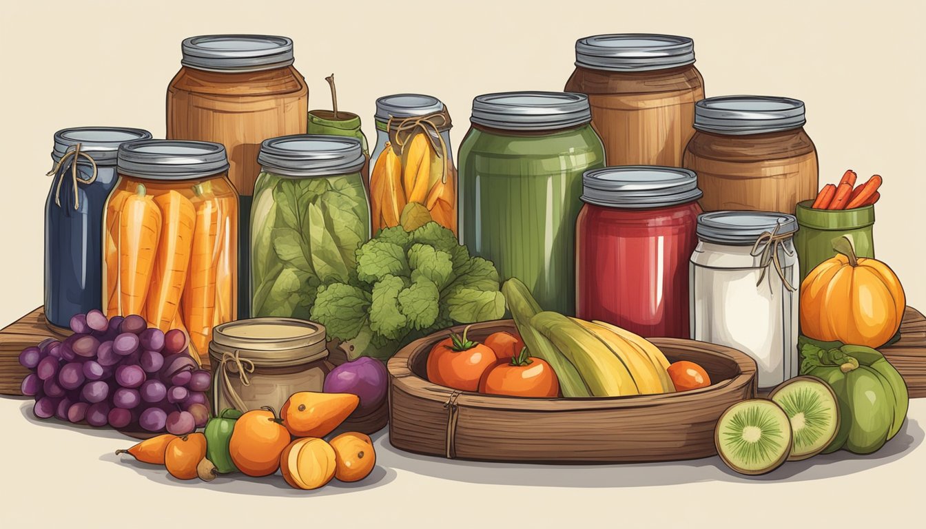 A rustic wooden table displaying an array of colorful homemade canned goods, surrounded by fresh fruits and vegetables, with jars tied with twine and adorned with handwritten labels