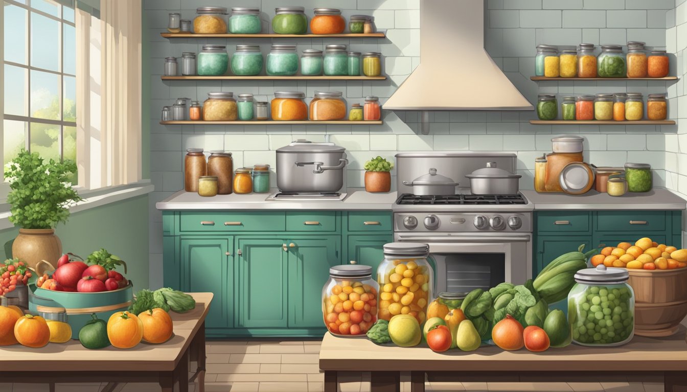 A vintage kitchen with shelves of preserved fruits and vegetables, a boiling water canner on the stove, and a table set for canning supplies