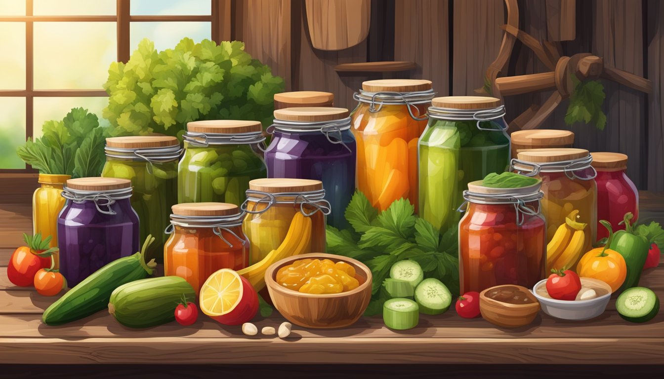 A rustic wooden table adorned with colorful jars filled with various homemade preserves, pickles, and sauces, surrounded by fresh fruits and vegetables