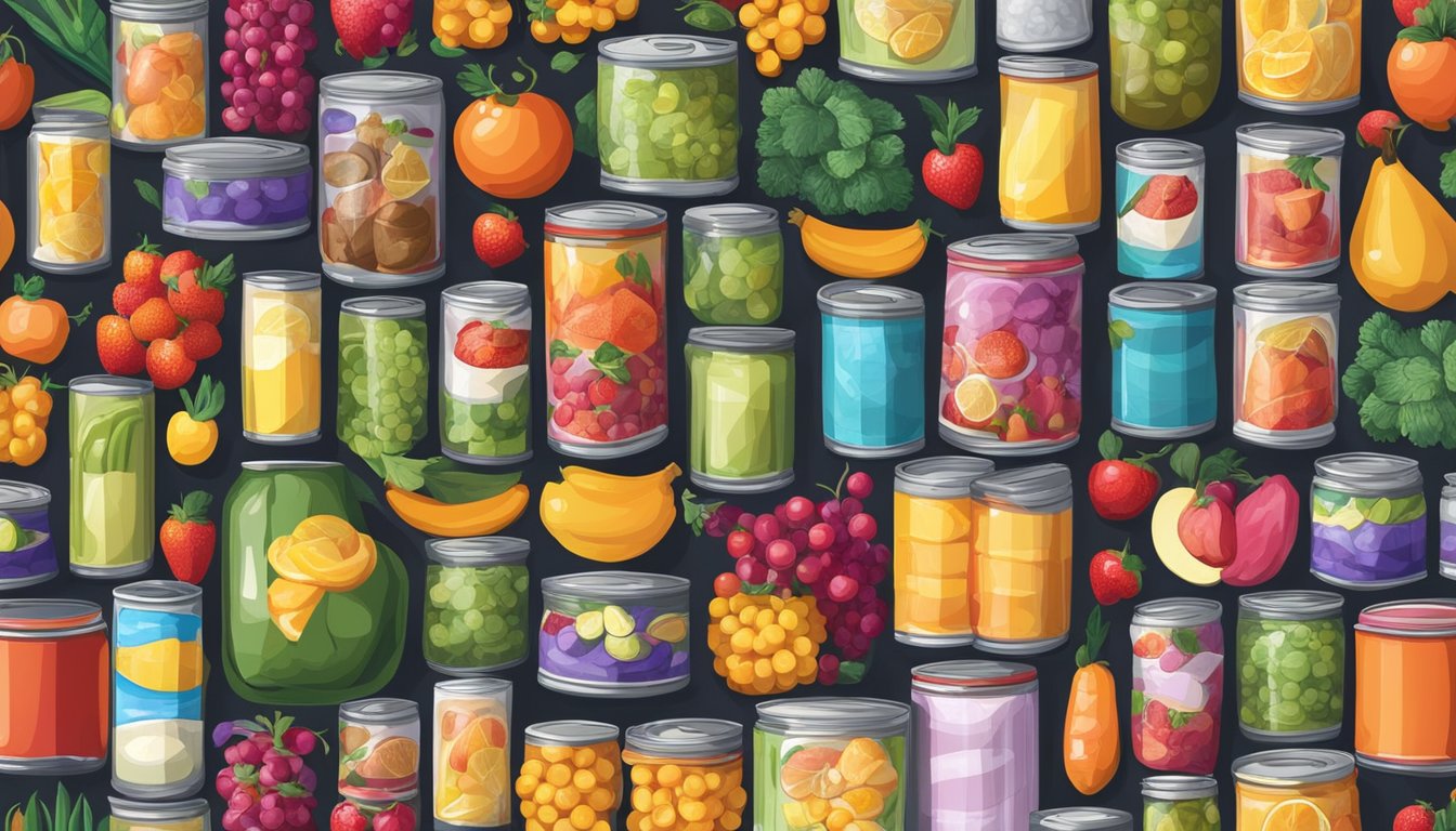 A colorful array of canned goods arranged in an artful display, surrounded by vibrant fruits, vegetables, and decorative ribbons