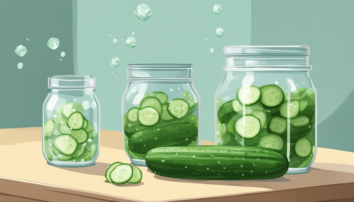 A glass jar filled with cucumbers submerged in a brine solution, with a small dish of calcium chloride crystals nearby