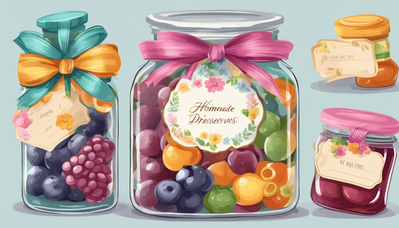 A glass jar filled with colorful homemade preserves, surrounded by decorative ribbons and personalized tags