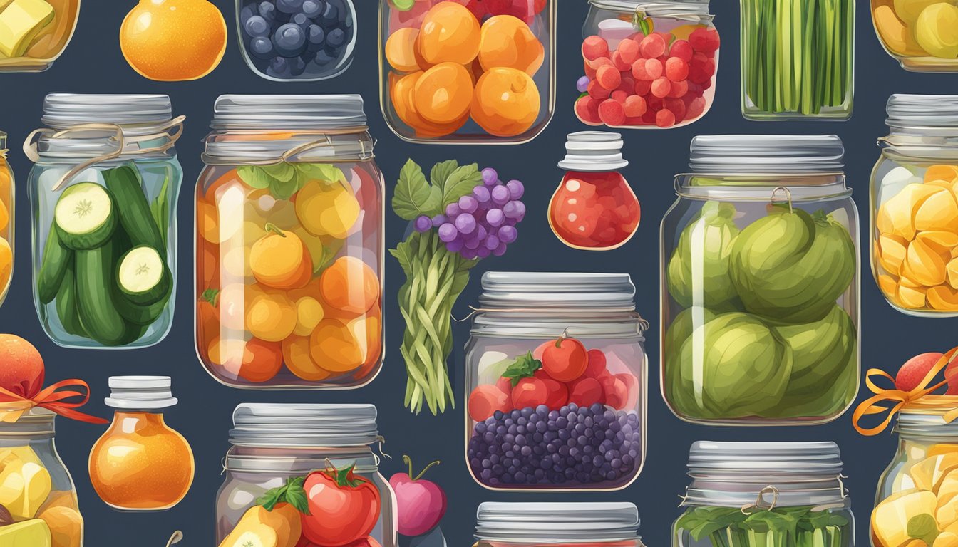 A colorful array of glass jars filled with vibrant fruits and vegetables, adorned with decorative ribbons and tags. A stack of gift cards sits nearby