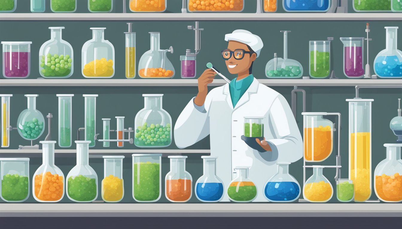 A laboratory setup with beakers, test tubes, and chemical compounds. A scientist carefully measures and mixes calcium chloride to create crunchy pickles