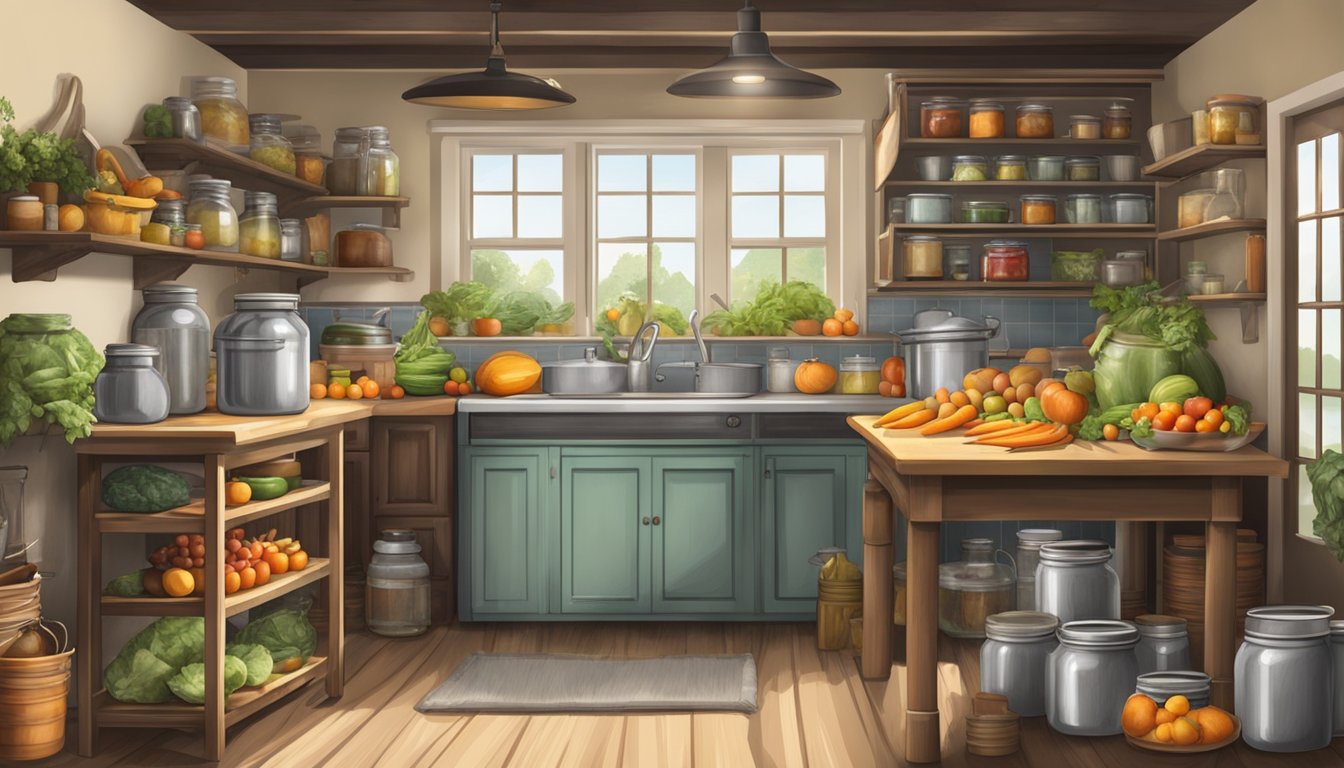 A rustic kitchen with shelves of preserved fruits and vegetables, a large pot boiling on the stove, and a table covered in canning supplies