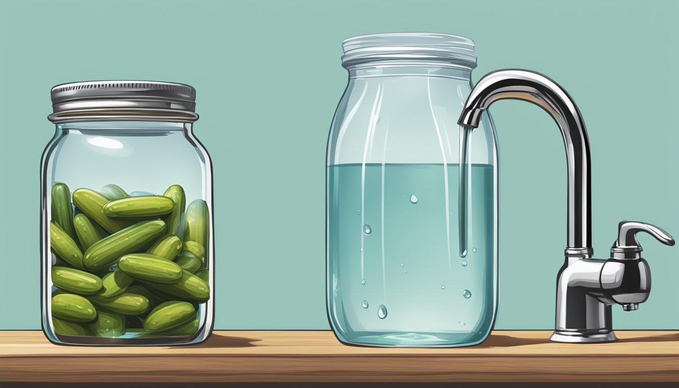 A clear jar of pickles sits next to a faucet with water flowing into it. The water is clean and pure, representing the impact of water quality on pickle flavor