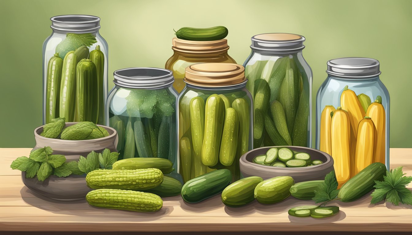 A table with jars of pickles from different cultures, surrounded by various water sources