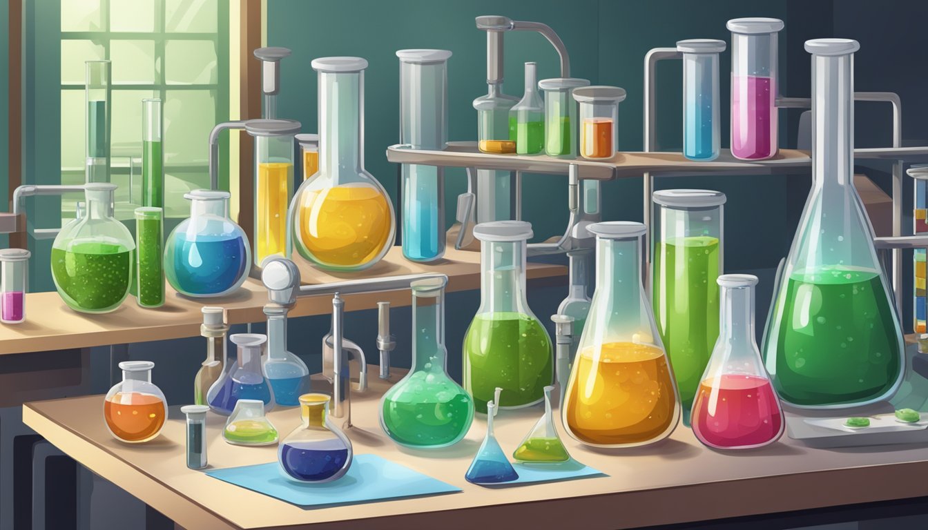 A laboratory setup with beakers, test tubes, and various chemical compounds, with a pickle jar and water samples in the background