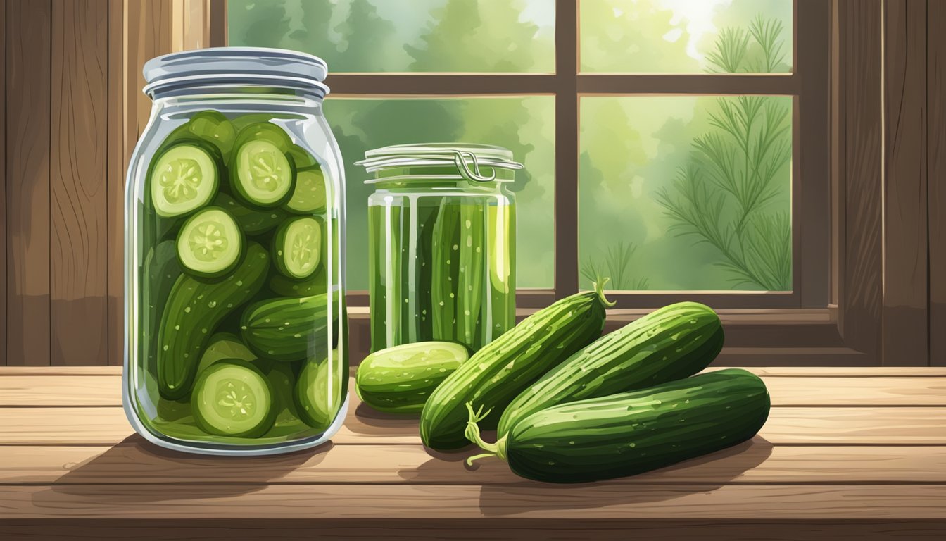 A jar of pickles sits on a rustic wooden table, surrounded by fresh cucumbers and dill. A clear glass of water is placed next to it, reflecting the natural light from a nearby window