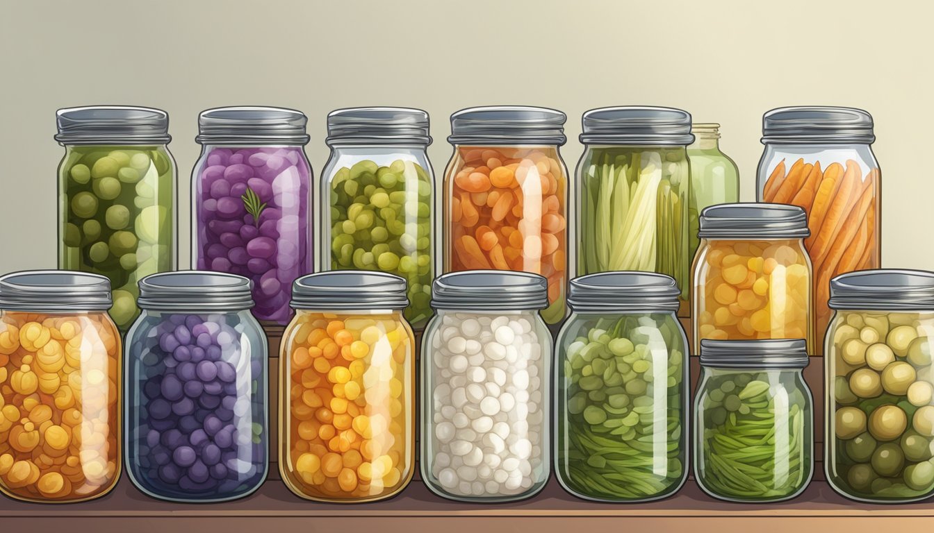 A bubbling glass jar of fermenting vegetables sits next to a row of colorful canned jars, showcasing the process of fermentation meeting canning