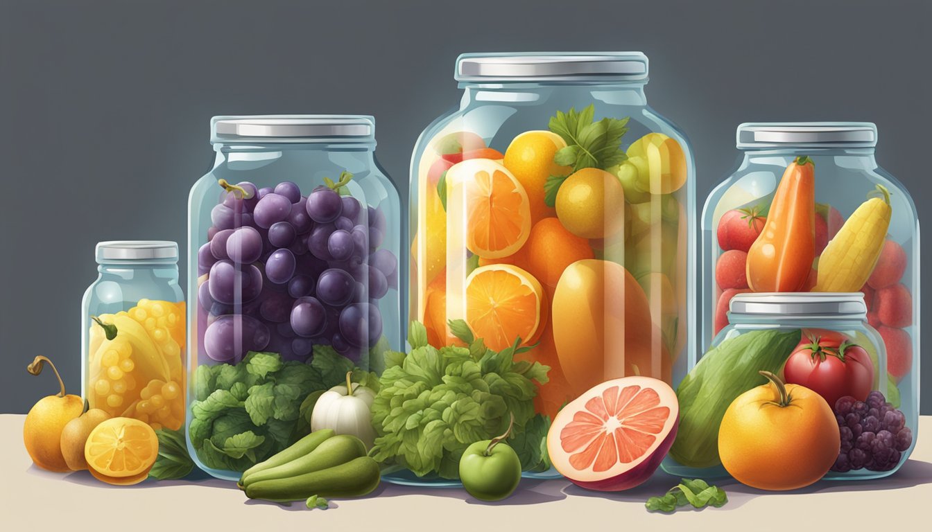 A variety of fresh fruits and vegetables are being prepared and placed into glass jars, while bubbles of fermentation are visible inside