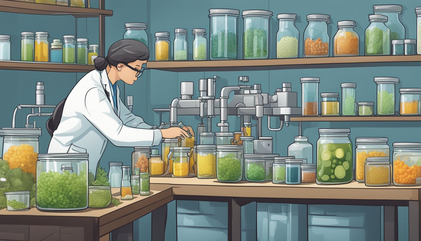 A scientist adjusting water quality levels in a laboratory, surrounded by various pickling jars and equipment