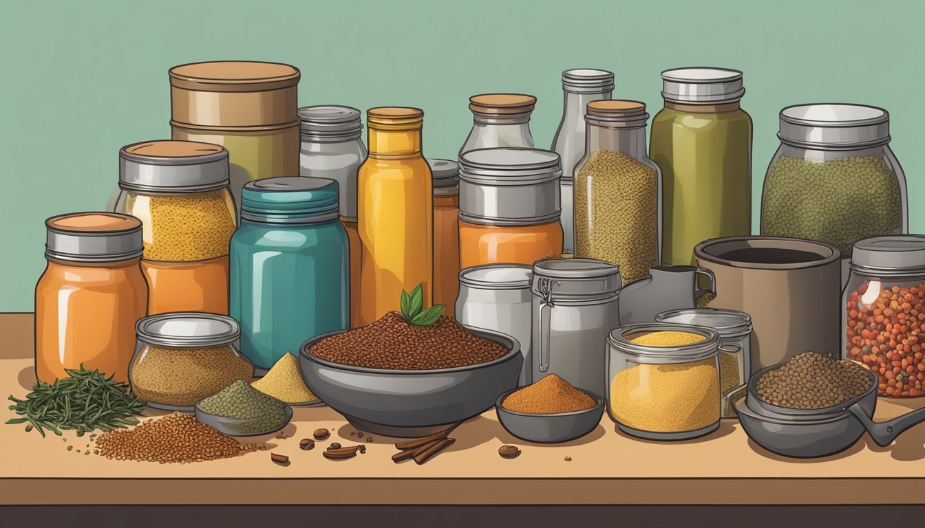 A cluttered kitchen counter with an array of colorful spices and canned goods, with a mortar and pestle in the center