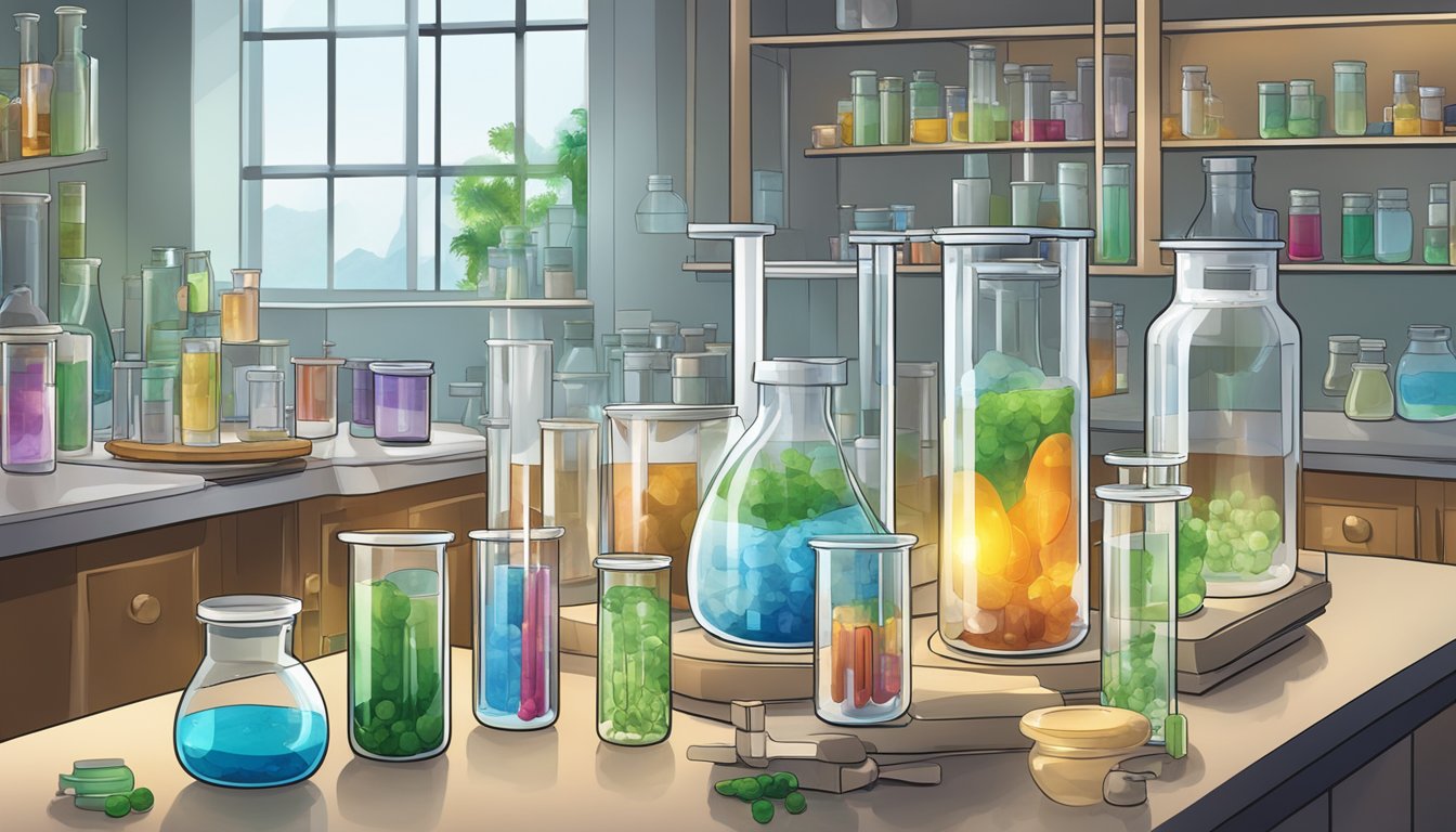 A laboratory setup with beakers, test tubes, and various water samples. A pickle jar is open, emitting a distinct aroma