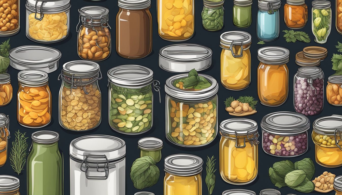 A variety of canned foods surrounded by fermenting jars, showcasing a combination of traditional and modern food preservation methods