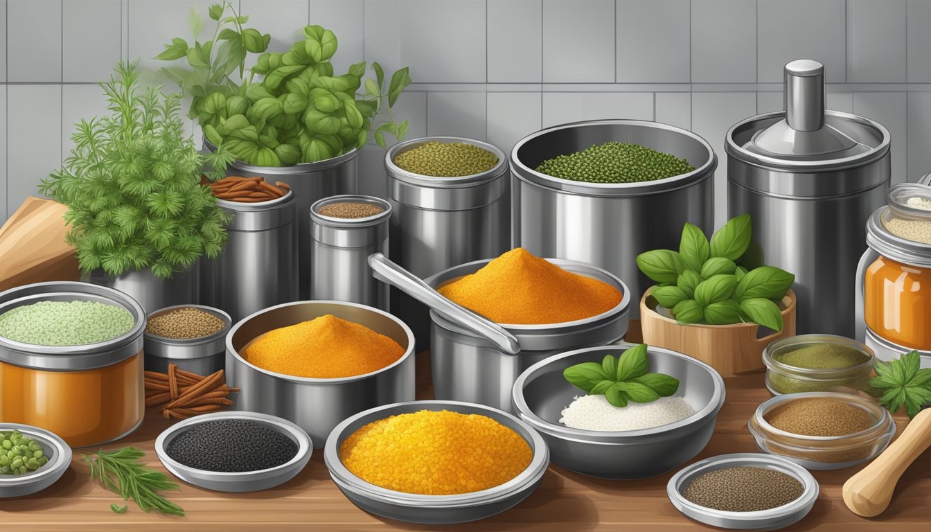 A kitchen counter with an assortment of canned goods surrounded by fresh herbs and spices, with a mortar and pestle for grinding