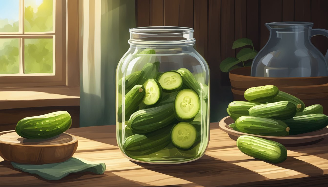 A jar of pickles sits on a rustic wooden table, surrounded by fresh cucumbers and a clear glass of water. The sunlight streams through a nearby window, casting a warm glow on the scene