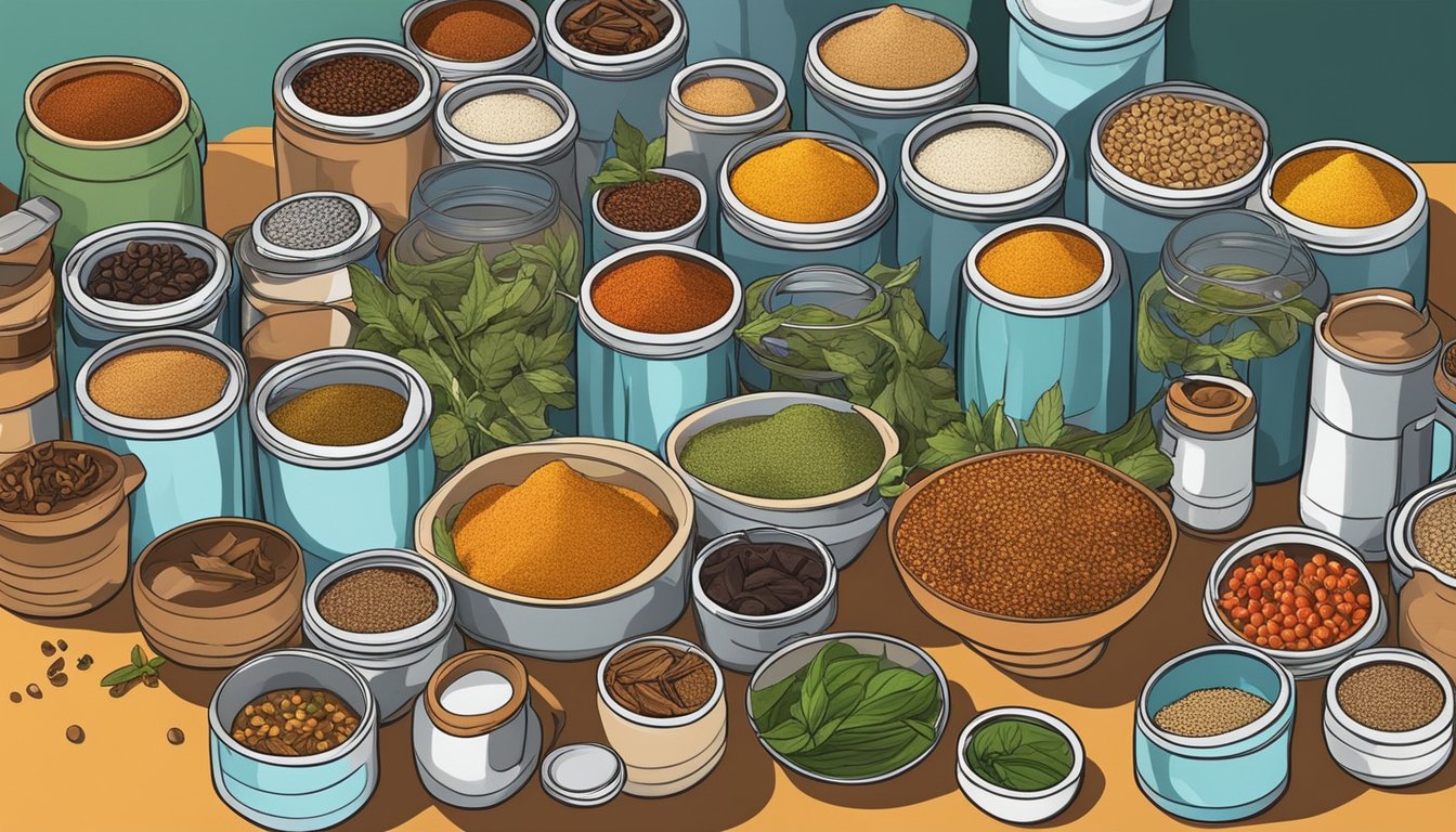 A cluttered kitchen counter with open cans of food, surrounded by an array of vibrant and aromatic spices in various containers